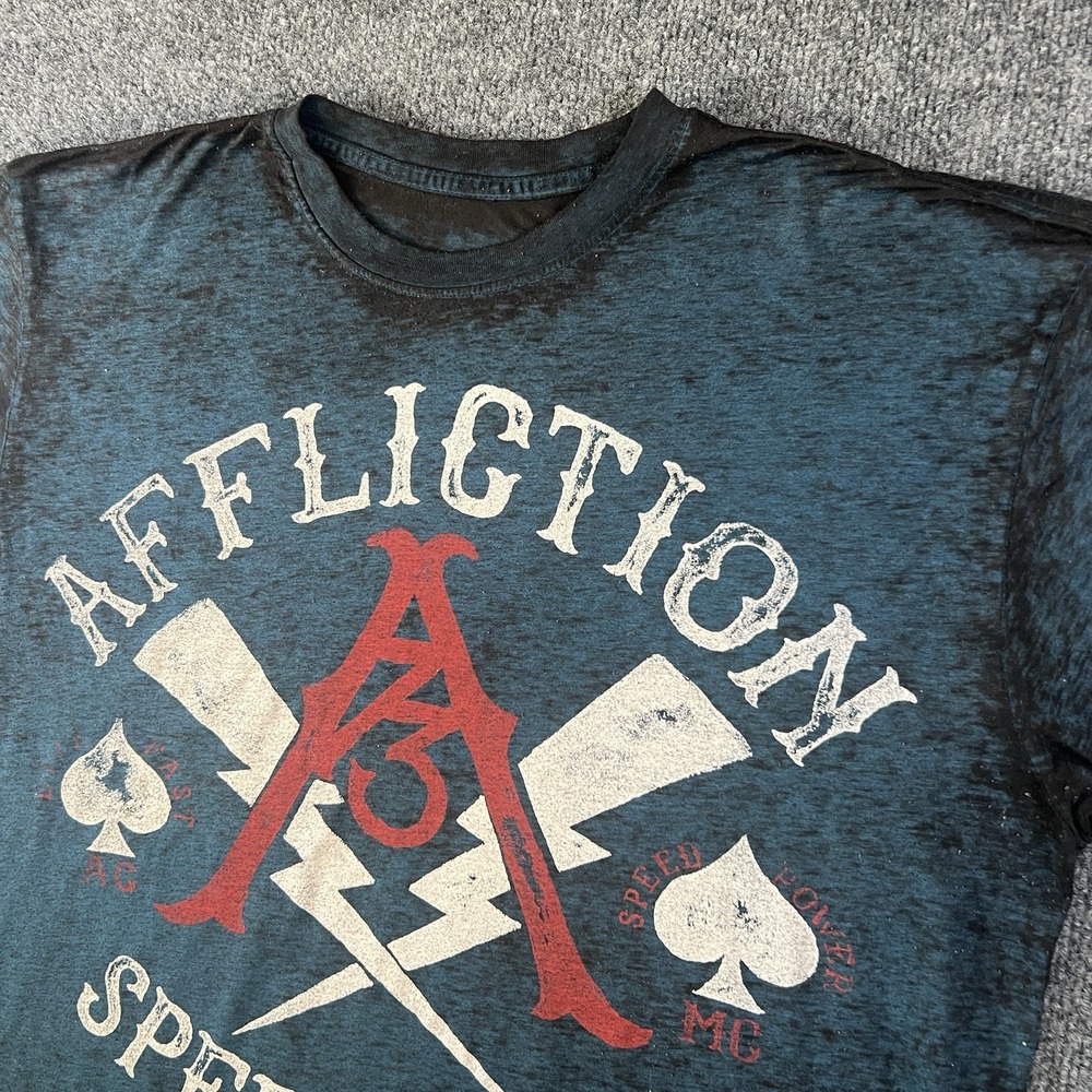 Affliction A73 American Customs 73 Graphic Tee Blue Black XXL Made USA‎